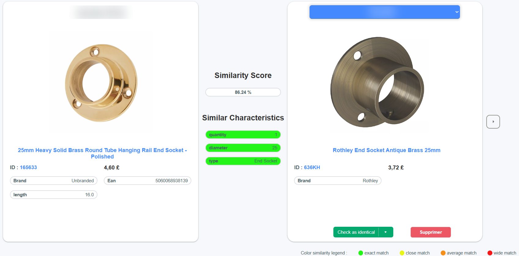 Interface PAARLY : rapprochement d'un embout de tringle 25 mm entre deux sites, score de similarité 86,24 %